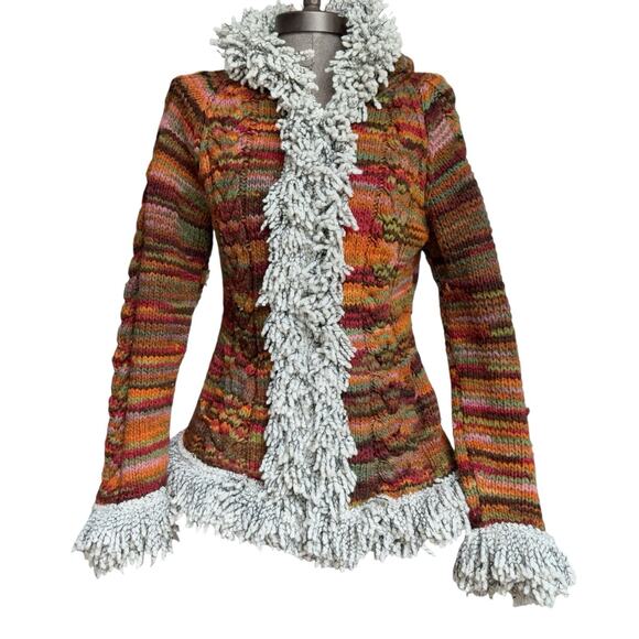 AMANO 100% Wool Cardigan Womens Medium Boho Chunky Hood Fringe Zip Orange - Picture 3 of 10